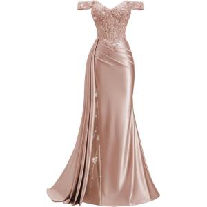 image:imageOff Shoulder Satin Prom Dresses 2026 Long Lace Beaded Mermaid Formal Dresses Pleated Evening Party Gown with Slit TailDusty Rose