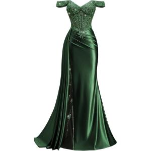 image:imageOff Shoulder Satin Prom Dresses 2026 Long Lace Beaded Mermaid Formal Dresses Pleated Evening Party Gown with Slit TailEmerald Green