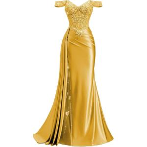 image:imageOff Shoulder Satin Prom Dresses 2026 Long Lace Beaded Mermaid Formal Dresses Pleated Evening Party Gown with Slit TailGold
