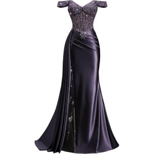 image:imageOff Shoulder Satin Prom Dresses 2026 Long Lace Beaded Mermaid Formal Dresses Pleated Evening Party Gown with Slit TailGrape