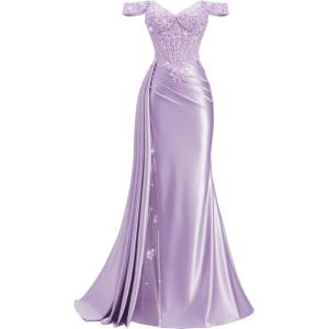 image:imageOff Shoulder Satin Prom Dresses 2026 Long Lace Beaded Mermaid Formal Dresses Pleated Evening Party Gown with Slit TailLilac