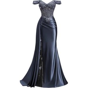 image:imageOff Shoulder Satin Prom Dresses 2026 Long Lace Beaded Mermaid Formal Dresses Pleated Evening Party Gown with Slit TailNavy Blue