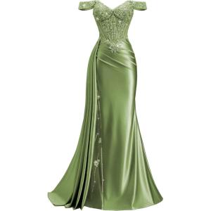 image:imageOff Shoulder Satin Prom Dresses 2026 Long Lace Beaded Mermaid Formal Dresses Pleated Evening Party Gown with Slit TailOlive Green