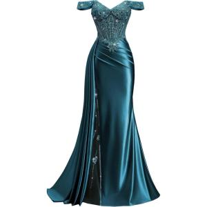 image:imageOff Shoulder Satin Prom Dresses 2026 Long Lace Beaded Mermaid Formal Dresses Pleated Evening Party Gown with Slit TailPeacock