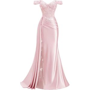 image:imageOff Shoulder Satin Prom Dresses 2026 Long Lace Beaded Mermaid Formal Dresses Pleated Evening Party Gown with Slit TailPink
