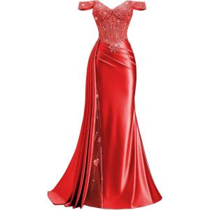 image:imageOff Shoulder Satin Prom Dresses 2026 Long Lace Beaded Mermaid Formal Dresses Pleated Evening Party Gown with Slit TailRed