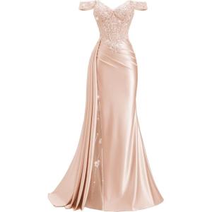 image:imageOff Shoulder Satin Prom Dresses 2026 Long Lace Beaded Mermaid Formal Dresses Pleated Evening Party Gown with Slit TailRose Gold