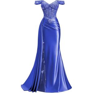 image:imageOff Shoulder Satin Prom Dresses 2026 Long Lace Beaded Mermaid Formal Dresses Pleated Evening Party Gown with Slit TailRoyal Blue
