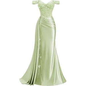 image:imageOff Shoulder Satin Prom Dresses 2026 Long Lace Beaded Mermaid Formal Dresses Pleated Evening Party Gown with Slit TailSage