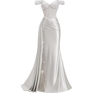 image:imageOff Shoulder Satin Prom Dresses 2026 Long Lace Beaded Mermaid Formal Dresses Pleated Evening Party Gown with Slit TailSilver