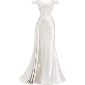 image:imageOff Shoulder Satin Prom Dresses 2026 Long Lace Beaded Mermaid Formal Dresses Pleated Evening Party Gown with Slit TailWhite