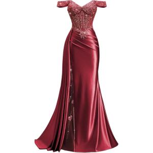 image:imageOff Shoulder Satin Prom Dresses 2026 Long Lace Beaded Mermaid Formal Dresses Pleated Evening Party Gown with Slit TailWine Red