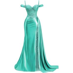 image:imageOff Shoulder Satin Prom Dresses 2026 Mermaid Beaded Formal Dresses Corset Lace Pleated Evening Dress with Slit TailAqua