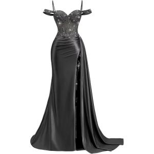 image:imageOff Shoulder Satin Prom Dresses 2026 Mermaid Beaded Formal Dresses Corset Lace Pleated Evening Dress with Slit TailBlack