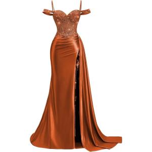 image:imageOff Shoulder Satin Prom Dresses 2026 Mermaid Beaded Formal Dresses Corset Lace Pleated Evening Dress with Slit TailBurnt Orange
