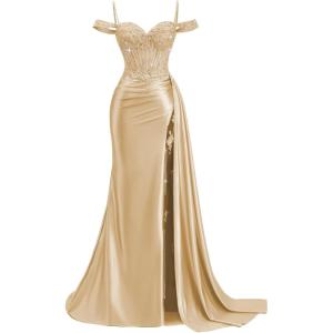 image:imageOff Shoulder Satin Prom Dresses 2026 Mermaid Beaded Formal Dresses Corset Lace Pleated Evening Dress with Slit TailChampagne