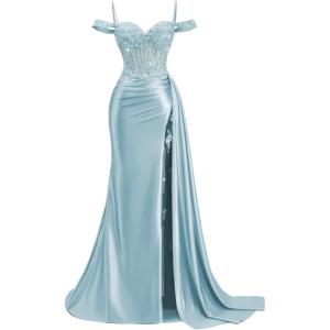 image:imageOff Shoulder Satin Prom Dresses 2026 Mermaid Beaded Formal Dresses Corset Lace Pleated Evening Dress with Slit TailDusty Blue
