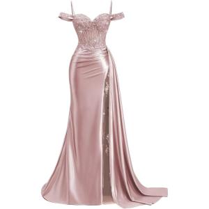 image:imageOff Shoulder Satin Prom Dresses 2026 Mermaid Beaded Formal Dresses Corset Lace Pleated Evening Dress with Slit TailDusty Pink