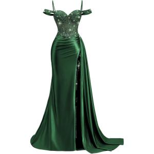 image:imageOff Shoulder Satin Prom Dresses 2026 Mermaid Beaded Formal Dresses Corset Lace Pleated Evening Dress with Slit TailEmerald Green