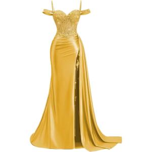 image:imageOff Shoulder Satin Prom Dresses 2026 Mermaid Beaded Formal Dresses Corset Lace Pleated Evening Dress with Slit TailGold