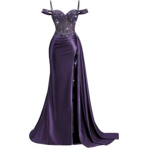 image:imageOff Shoulder Satin Prom Dresses 2026 Mermaid Beaded Formal Dresses Corset Lace Pleated Evening Dress with Slit TailGrape