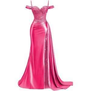 image:imageOff Shoulder Satin Prom Dresses 2026 Mermaid Beaded Formal Dresses Corset Lace Pleated Evening Dress with Slit TailHot Pink