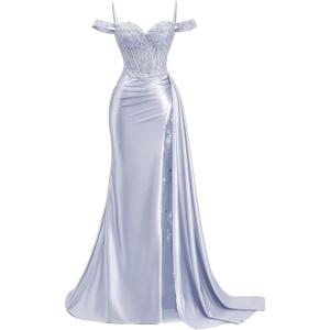 image:imageOff Shoulder Satin Prom Dresses 2026 Mermaid Beaded Formal Dresses Corset Lace Pleated Evening Dress with Slit TailLavender