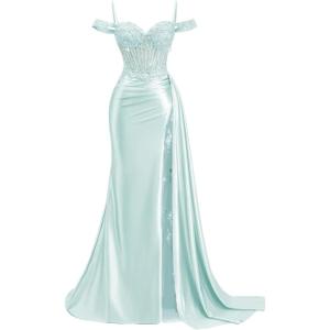 image:imageOff Shoulder Satin Prom Dresses 2026 Mermaid Beaded Formal Dresses Corset Lace Pleated Evening Dress with Slit TailLight Blue