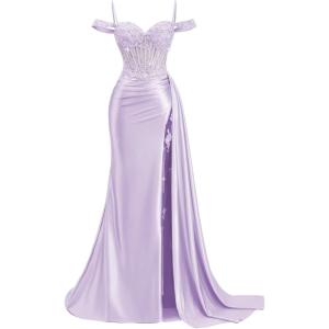 image:imageOff Shoulder Satin Prom Dresses 2026 Mermaid Beaded Formal Dresses Corset Lace Pleated Evening Dress with Slit TailLilac