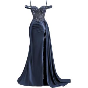 image:imageOff Shoulder Satin Prom Dresses 2026 Mermaid Beaded Formal Dresses Corset Lace Pleated Evening Dress with Slit TailNavy Blue