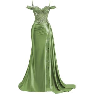 image:imageOff Shoulder Satin Prom Dresses 2026 Mermaid Beaded Formal Dresses Corset Lace Pleated Evening Dress with Slit TailOlive Green