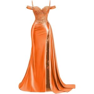 image:imageOff Shoulder Satin Prom Dresses 2026 Mermaid Beaded Formal Dresses Corset Lace Pleated Evening Dress with Slit TailOrange