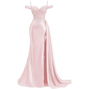 image:imageOff Shoulder Satin Prom Dresses 2026 Mermaid Beaded Formal Dresses Corset Lace Pleated Evening Dress with Slit TailPink