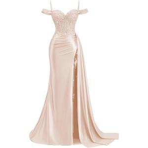 image:imageOff Shoulder Satin Prom Dresses 2026 Mermaid Beaded Formal Dresses Corset Lace Pleated Evening Dress with Slit TailRose Gold