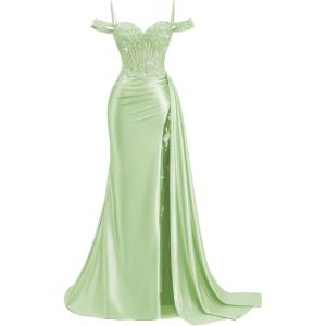 image:imageOff Shoulder Satin Prom Dresses 2026 Mermaid Beaded Formal Dresses Corset Lace Pleated Evening Dress with Slit TailSage