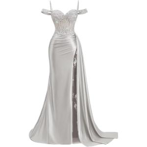 image:imageOff Shoulder Satin Prom Dresses 2026 Mermaid Beaded Formal Dresses Corset Lace Pleated Evening Dress with Slit TailSilver