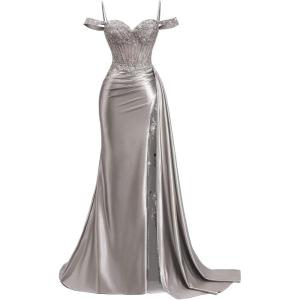 image:imageOff Shoulder Satin Prom Dresses 2026 Mermaid Beaded Formal Dresses Corset Lace Pleated Evening Dress with Slit TailSteel Gray