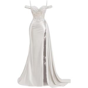 image:imageOff Shoulder Satin Prom Dresses 2026 Mermaid Beaded Formal Dresses Corset Lace Pleated Evening Dress with Slit TailWhite