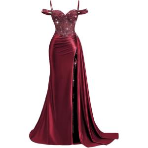 image:imageOff Shoulder Satin Prom Dresses 2026 Mermaid Beaded Formal Dresses Corset Lace Pleated Evening Dress with Slit TailWine Red