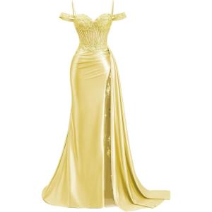 image:imageOff Shoulder Satin Prom Dresses 2026 Mermaid Beaded Formal Dresses Corset Lace Pleated Evening Dress with Slit TailYellow