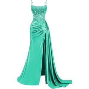 image:imageSatin Beaded Prom Dresses Long for Women Mermaid Pleated Formal Dresses with Slit Spaghetti Straps Evening Gowns with TailAqua