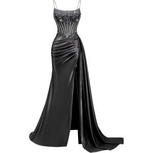 image:imageSatin Beaded Prom Dresses Long for Women Mermaid Pleated Formal Dresses with Slit Spaghetti Straps Evening Gowns with TailBlack