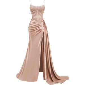 image:imageSatin Beaded Prom Dresses Long for Women Mermaid Pleated Formal Dresses with Slit Spaghetti Straps Evening Gowns with TailDusty Rose