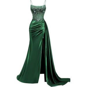 image:imageSatin Beaded Prom Dresses Long for Women Mermaid Pleated Formal Dresses with Slit Spaghetti Straps Evening Gowns with TailEmerald Green