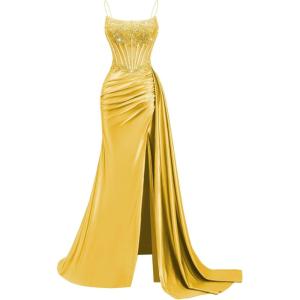 image:imageSatin Beaded Prom Dresses Long for Women Mermaid Pleated Formal Dresses with Slit Spaghetti Straps Evening Gowns with TailGold