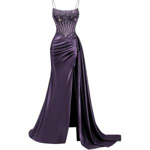 image:imageSatin Beaded Prom Dresses Long for Women Mermaid Pleated Formal Dresses with Slit Spaghetti Straps Evening Gowns with TailGrape