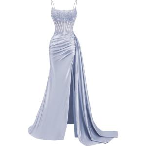 image:imageSatin Beaded Prom Dresses Long for Women Mermaid Pleated Formal Dresses with Slit Spaghetti Straps Evening Gowns with TailLavender