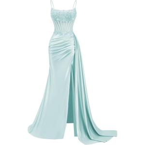 image:imageSatin Beaded Prom Dresses Long for Women Mermaid Pleated Formal Dresses with Slit Spaghetti Straps Evening Gowns with TailLight Blue