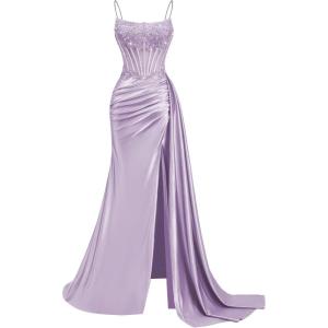 image:imageSatin Beaded Prom Dresses Long for Women Mermaid Pleated Formal Dresses with Slit Spaghetti Straps Evening Gowns with TailLilac