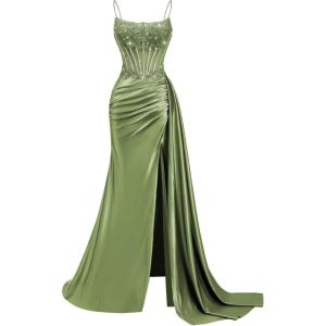 image:imageSatin Beaded Prom Dresses Long for Women Mermaid Pleated Formal Dresses with Slit Spaghetti Straps Evening Gowns with TailOlive Green